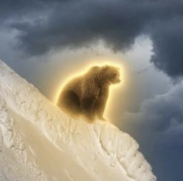 Nietzschean Brown Bear glowing on a snowy peak