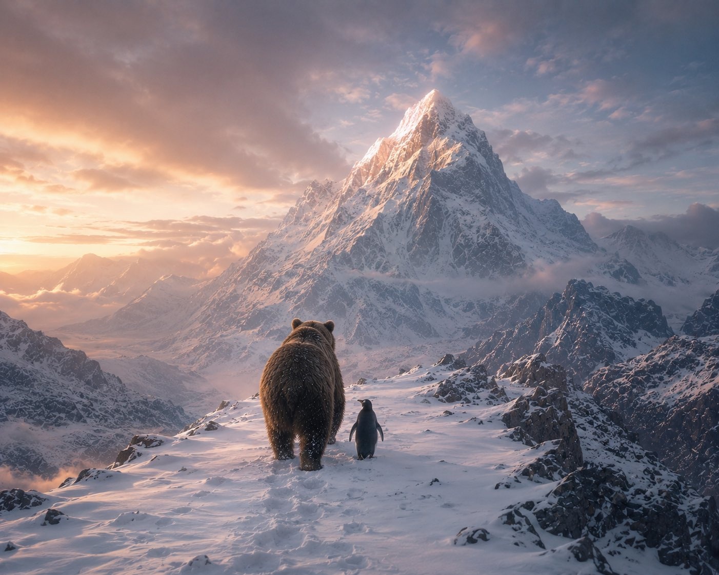 Nietzschean Brown Bear glowing on a snowy peak